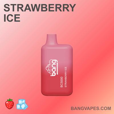 Różowe urządzenie do waporyzacji oznaczone "Bang BC5000 Strawberry Ice" z ikonami truskawek i kostek lodu na czerwonym gradientowym tle.