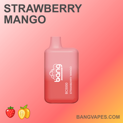 Jednorazowy waporyzator Bang BC5000 o smaku Strawberry Mango z gradientowym różowym wzorem, przedstawiającym ikony truskawek i mango oraz logo marki.