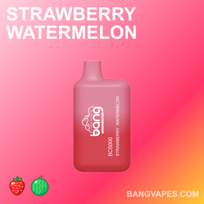 Jednorazowy waporyzator Strawberry Watermelon Bang BC5000 z różowym gradientowym tłem oraz ikonami truskawek i arbuza na dole.