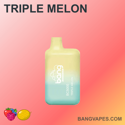 Vape z etykietą "Triple Melon" w gradientowym kolorze od żółtego do niebieskiego, z nazwą marki "bang" i modelem "BC5000" umieszczonym z przodu.