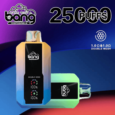 Dispositivo de vapeo desechable con la etiqueta "Bang" y un diseño de bobina de doble malla, que ofrece 25 000 inhalaciones y presenta una combinación de colores degradados con una pantalla digital que muestra los niveles de batería.