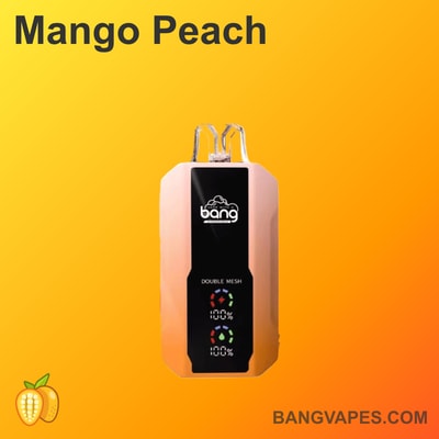 Urządzenie do waporyzacji o smaku Mango Peach z brandingiem "Bang", technologią podwójnej siatki i wskaźnikami baterii, wyświetlane na pomarańczowym gradientowym tle.