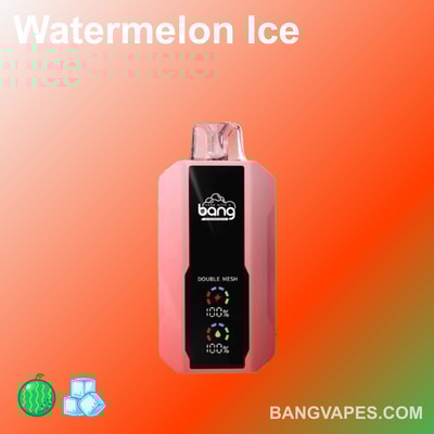 Vape Bang o smaku Watermelon Ice, wyposażony w technologię podwójnej siatki i wskaźniki baterii, wyświetlane na czerwonym, gradientowym tle.