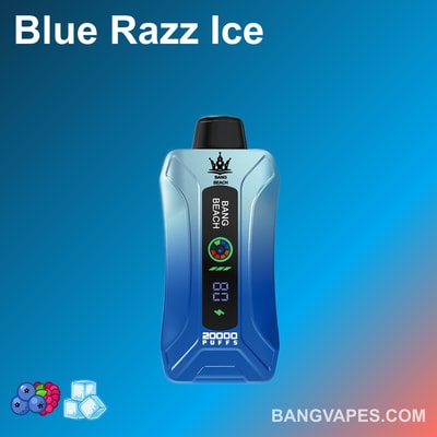 Dispositivo de vapeo azul con la etiqueta "Bang Beach" con una pantalla que dice "20,000 inhalaciones" y el nombre del sabor "Blue Razz Ice" sobre un fondo azul degradado.