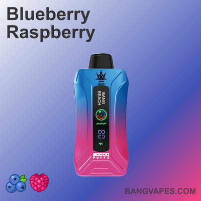Dispositivo de vapeo degradado en azul y rosa con la etiqueta "Bang Beach" con "20,000 caladas" y una pantalla digital con íconos de arándanos y frambuesas.