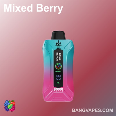 "Dispositivo de vapeo Bang Beach con sabor a bayas mixtas, que muestra 20.000 caladas en la pantalla con un cuerpo degradado en azul y rosa"."