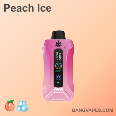 Dispositivo de vapeo Peach Ice con capacidad para 20.000 caladas, con la marca "Bang Beach", en un diseño rosa con una pantalla que muestra 80%.