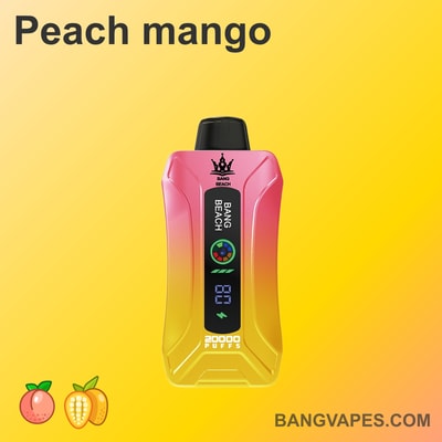 Dispositivo de vapeo con sabor a mango melocotón y un diseño degradado de rosa a amarillo que muestra "Bang Beach" y "20000 puffs" en el frente.