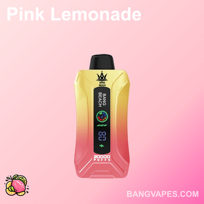 Vaporizador con sabor a limonada rosa con un diseño degradado en dorado y rosa, que muestra "Bang Beach" y "20,000 puffs" en el frente, sobre un fondo rosa claro.