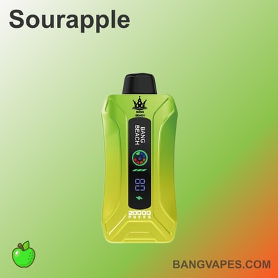 Dispositivo de vapeo Bang Beach con sabor a manzana amarga y capacidad de 20.000 caladas, mostrado sobre un fondo verde degradado.