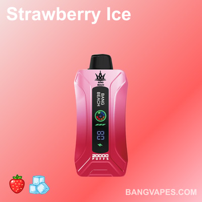 Un dispositivo de vapeo rosa de Bang Beach con la etiqueta "Strawberry Ice", que presenta un contador de caladas digital, capacidad para 20.000 caladas e íconos de fresas y cubitos de hielo sobre un fondo rosa degradado.