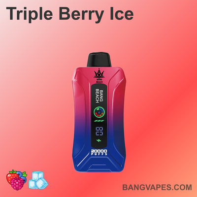 Vaporizador Bang Beach con un diseño degradado de rojo a azul, que muestra "20,000 caladas" y una etiqueta de sabor "Triple Berry Ice" sobre un fondo de melocotón con íconos de bayas y cubitos de hielo.