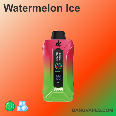 Dispositivo de vapeo Watermelon Ice con un diseño degradado de rojo a verde, con la etiqueta "Bang Beach", que presenta una pantalla digital, texto de 20,000 caladas e íconos de hielo y sandía.