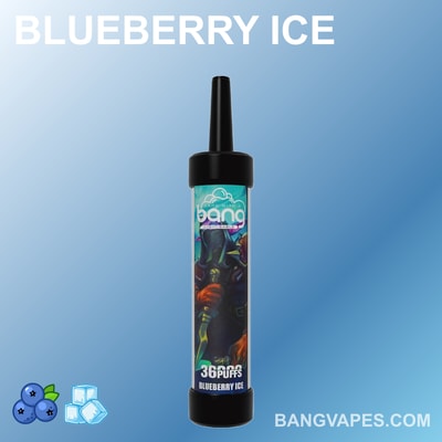 Jednorazowy waporyzator Bang o smaku Blueberry Ice z 36 zaciągnięciami, ozdobiony kolorową grafiką przedstawiającą postać trzymającą laskę.