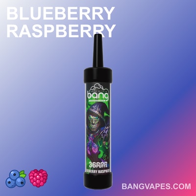 Jednorazowy waporyzator Bang Blueberry Raspberry z zielonym wzorem ponurego żniwiarza z kapturem i logo 36 zaciągnięć.