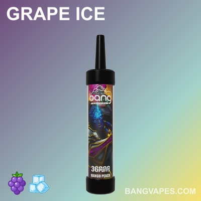 Vape Bang o smaku "Grape Ice" zawierający 36 000 zaciągnięć, ze znakiem na opakowaniu i stroną internetową bangvapes.com wyświetloną na dole.