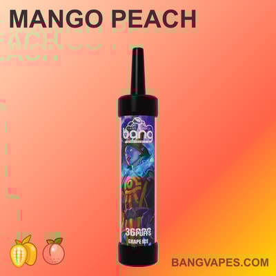 Jednorazowy waporyzator o smaku Mango Peach, zawierający 3600 zaciągnięć, z grafiką lodu winogronowego na urządzeniu i brandingiem Bang Vapes.