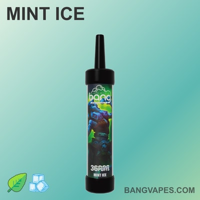Jednorazowy waporyzator Mint Ice firmy Bang Vapes o pojemności 36 000 zaciągnięć, z zielonym tłem oraz ikonami kostek lodu i liści mięty.