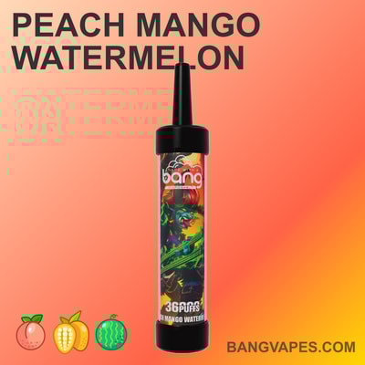 Jednorazowy waporyzator Bang o smaku "Peach Mango Watermelon", z kolorową grafiką na opakowaniu i tekstem "3600 PUFFS"."