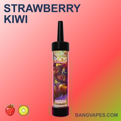 Jednorazowy waporyzator Bang o smaku truskawkowo-kiwi, zawierający 3600 zaciągnięć, wyświetlany na czerwonym tle, z ikonami owoców.
