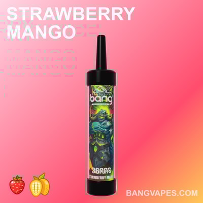 Jednorazowy waporyzator Bang o smaku truskawkowego mango, zawierający 36000 zaciągnięć, w żywym opakowaniu z surową, zielono-czarną ilustracją postaci opancerzonej.