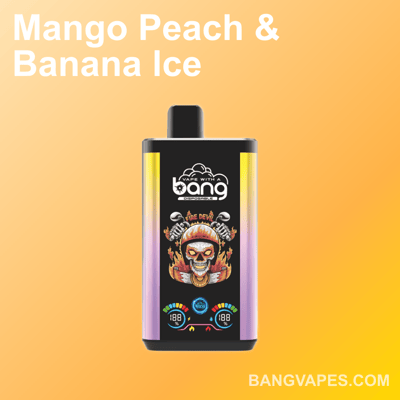 "Bang-Einweg-Vape-Gerät mit einer Totenkopf- und Flammengrafik mit der Aufschrift 'Mango Peach & Banana Ice' auf einem orangefarbenen Hintergrund mit Farbverlauf und der Website bangvapes.com unten."