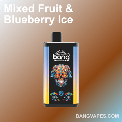 Mixed Fruit & Blueberry Ice Einweg-Vape mit farbenfrohem Totenkopf-Design und der Aufschrift "Vape with a Bang" auf einem Hintergrund mit Farbverlauf.