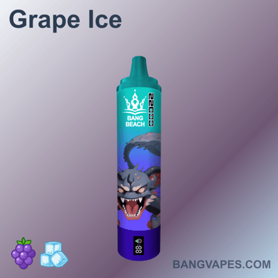 Turkusowo-fioletowe urządzenie do waporyzacji z etykietą "Grape Ice" i marką "Bang Beach" z ilustracją kreskówkowego potwora oraz małymi ikonami winogron i kostek lodu.