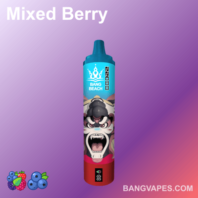 Vape o mieszanym smaku jagodowym, w żywym niebiesko-czerwonym kolorze, z ilustracją groźnej postaci na przodzie, z napisem "Bang Beach"."