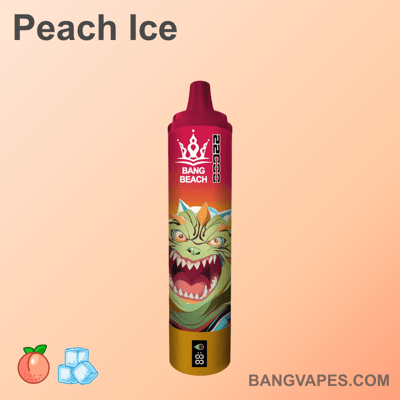 Czerwono-pomarańczowe urządzenie do waporyzacji ze stylizowaną twarzą smoka, z wyświetlonym tekstem "Bang Beach" i "Peach Ice".