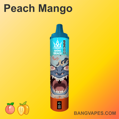 Vape o smaku brzoskwiniowo-mango, z niebiesko-pomarańczowym wzorem, z ilustracją dzikiego stworzenia z otwartymi ustami z przodu.