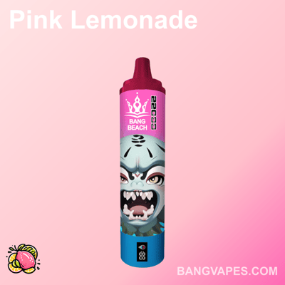 Różowo-niebieskie urządzenie do waporyzacji z etykietą "Bang Beach" z wściekłą kreskówkową twarzą i tekstem "Pink Lemonade" na delikatnym różowym tle.