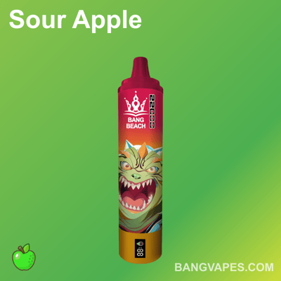 Urządzenie do waporyzacji o smaku kwaśnego jabłka z zielonym tłem, przedstawiające ilustrację animowanego smoka i tekst "Bang Beach"."