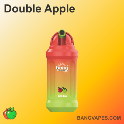 Urządzenie Vape marki "Bang King" o podwójnym smaku jabłkowym, przedstawione na żółtym tle.