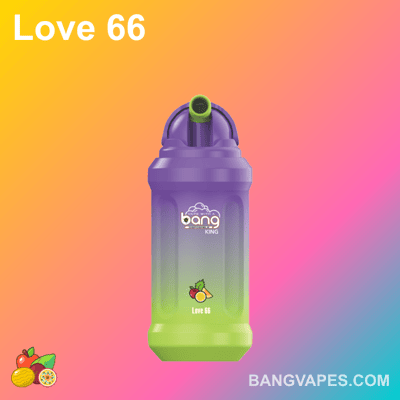 Kolorowe urządzenie do waporyzacji z napisem "Bang King" z grafiką z mieszanką owoców i nazwą "Love 66" z przodu.
