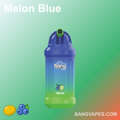 Niebiesko-zielone urządzenie do waporyzacji oznaczone "Bang King" o smaku "Melon Blue" z ilustracjami melona i jagód.