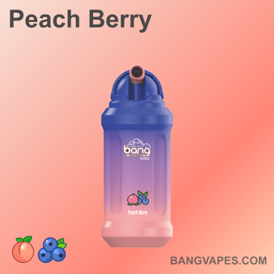 Urządzenie do waporyzacji oznaczone "Peach Berry" z ikonami brzoskwiń i jagód, z fioletowym i różowym gradientem.