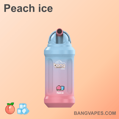 Vape Peach Ice marki Bang King z pastelowym niebieskim i różowym gradientem, ikonami brzoskwiń i kostek lodu oraz stroną internetową bangvapes.com na dole.