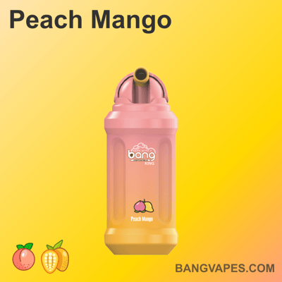 Urządzenie do waporyzacji Peach Mango z różowym i żółtym wzorem gradientowym, brandingiem Bang King i ilustracjami brzoskwini i mango na dole.