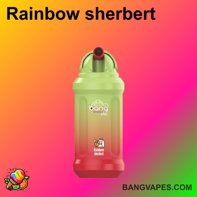 Urządzenie do waporyzacji Bang King o smaku "Rainbow Sherbert" w gradientowym zielono-czerwonym pojemniku na kolorowym, gradientowym tle.