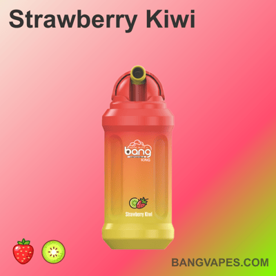 Produkt waporyzacyjny Strawberry Kiwi z czerwono-pomarańczowym gradientowym korpusem, z ikoną truskawek i kiwi u dołu oraz tekstem marki "Bang KING" powyżej.