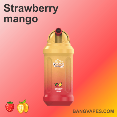 Vape Bang King o smaku truskawkowo-mango z gradientowym wzorem od żółtego do czerwonego, z małą ikoną truskawek i mango na dole.