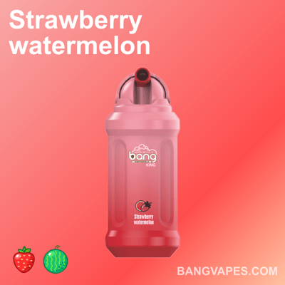 Vape o smaku truskawkowo-arbuzowym w różowym kolorze i z nazwą marki "bang KING" umieszczoną z przodu, obok małych ikon truskawek i arbuza.