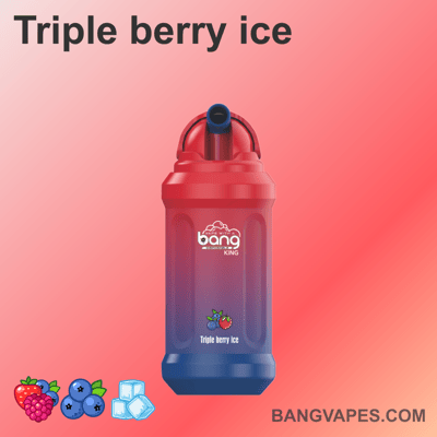 Vape Bang z etykietą "Triple berry ice" z czerwono-niebieskim gradientowym korpusem, ikonami owoców na dole przedstawiającymi truskawki, maliny i jagody, obok kostek lodu i tekstem "bangvapes.com" na dole.