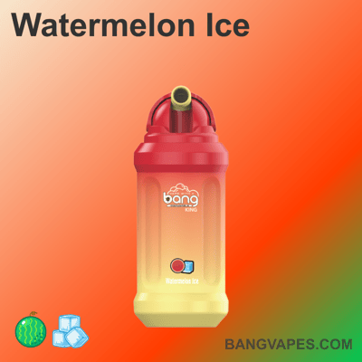 Ilustracja przedstawiająca urządzenie do waporyzacji Bang King z etykietą "Watermelon Ice" na gradientowym tle z małymi ikonami arbuza i kostkami lodu na dole.