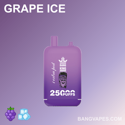 Fioletowy jednorazowy waporyzator z etykietą "Bang King Grape Ice" z napisem "25 000 zaciągnięć" u dołu na gradientowym fioletowym tle. Na dole pojawi się tekst "BANGVAPES.COM".