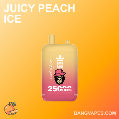 Urządzenie do waporyzacji oznaczone "Bang King" o smaku "Juicy Peach Ice" i "25 000 zaciągnięć" dużym tekstem, z logo przedstawiającym goryla w koronie w kapeluszu. Tło stanowi gradient brzoskwini i pomarańczy.