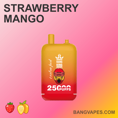 Urządzenie do waporyzacji "Bang King" z 25 000 zaciągnięć o smaku truskawkowego mango na gradientowym różowym tle.