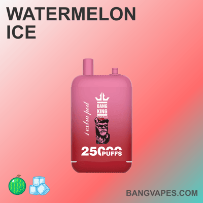 Jednorazowe urządzenie do waporyzacji o smaku Watermelon Ice, zawierające 25 000 zaciągnięć firmy Bang King, z czerwonym wzorem i logo przedstawiającym brodatego mężczyznę w okularach przeciwsłonecznych.
