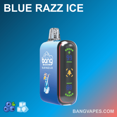 A blue vape device labeled "Bang Blue Razz Ice" with an LED screen showing battery levels and other indicators, featuring icons of blueberries and ice cubes.